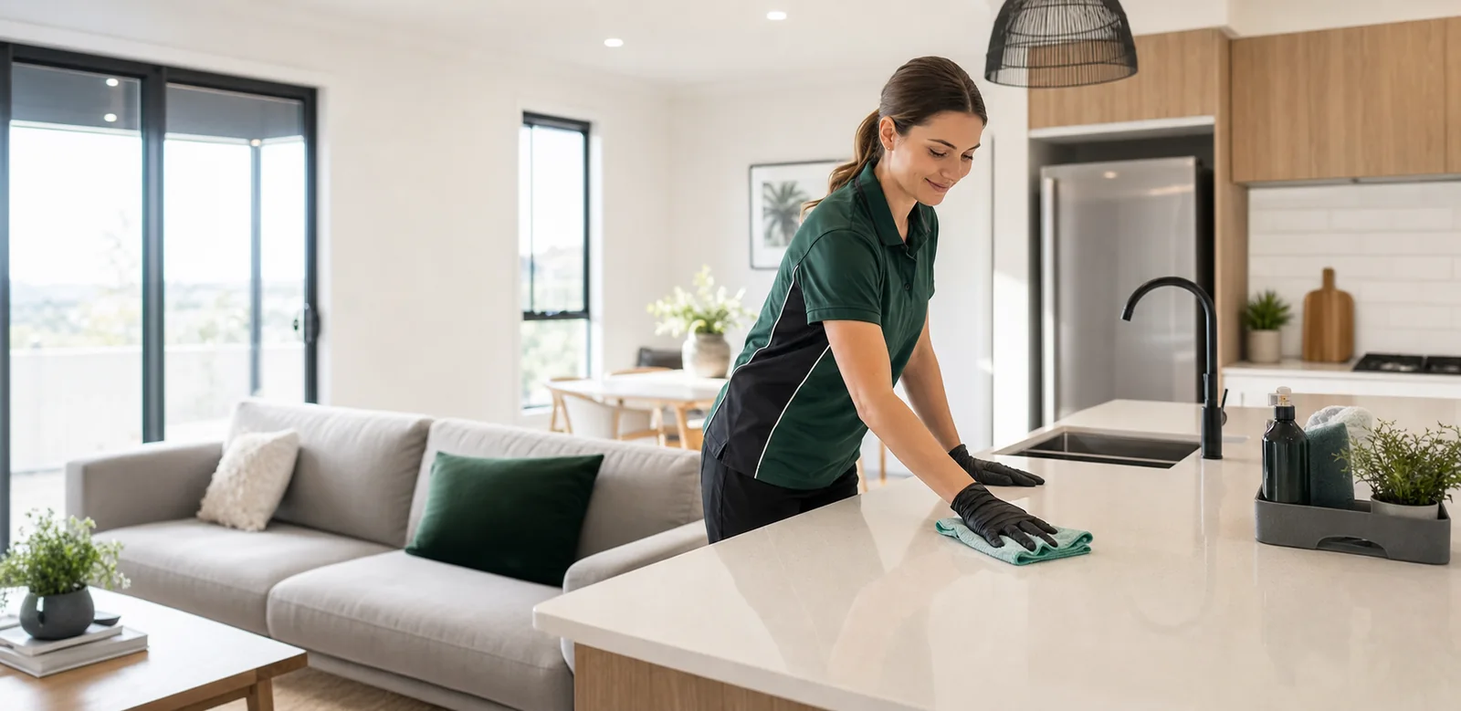 Professional end of lease cleaner working in a bright modern Wagga Wagga rental home