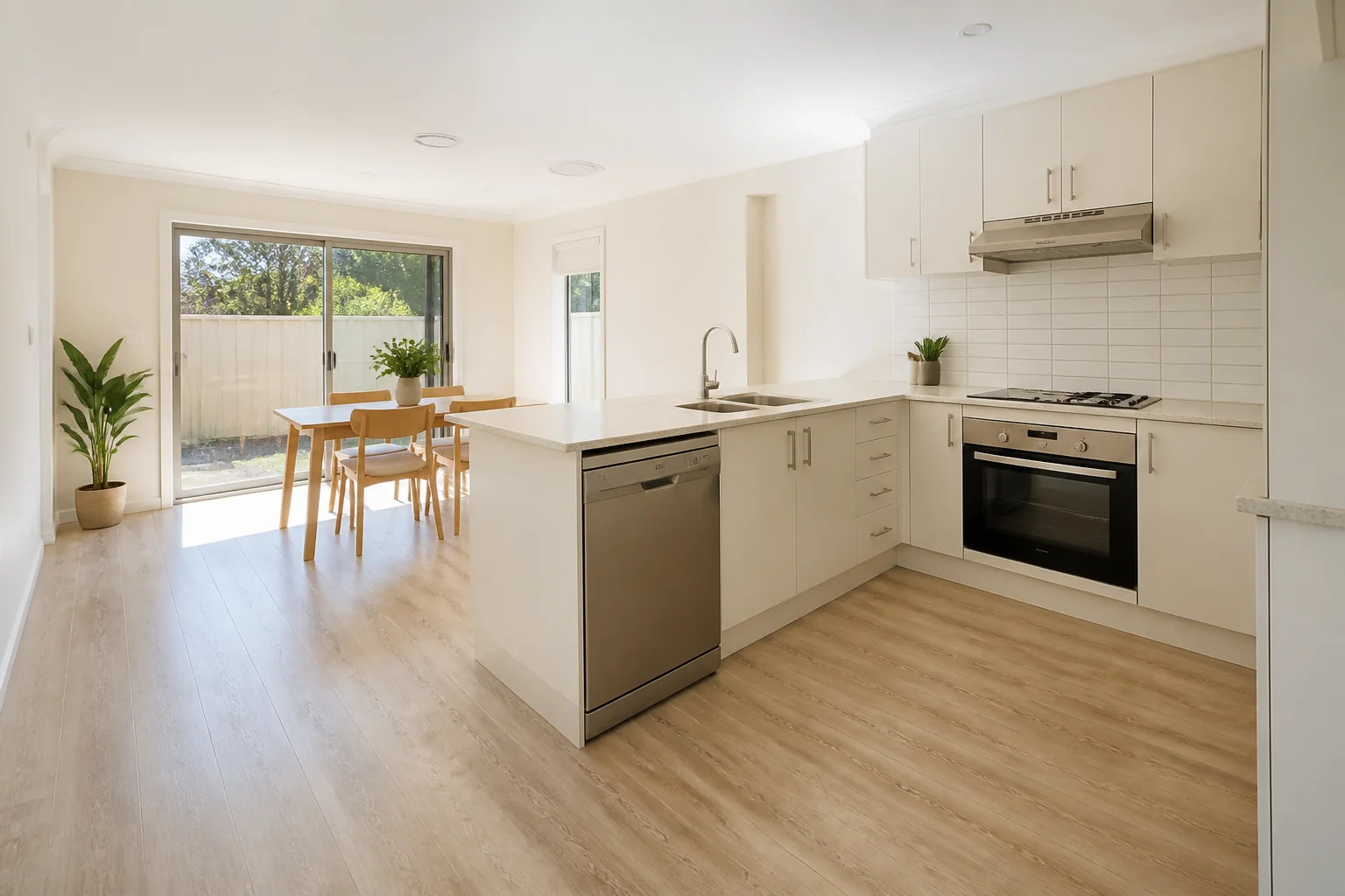 Spotless kitchen and dining area ready for a final property inspection