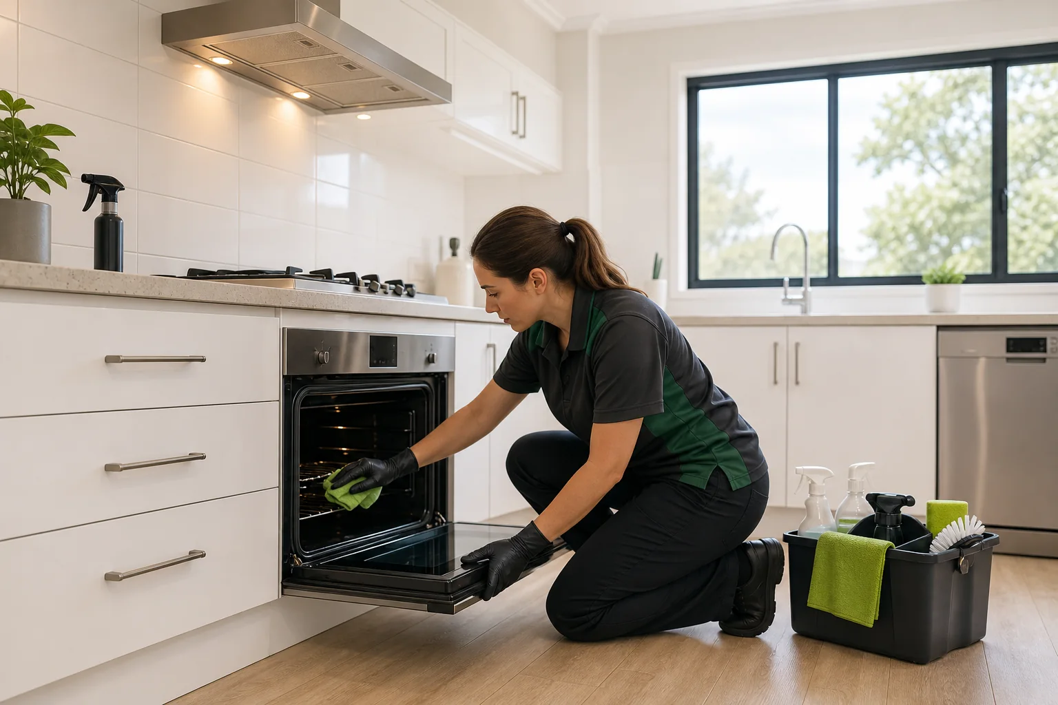 Professional cleaner detailing an oven and kitchen